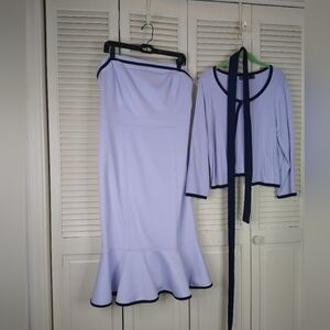 Strapless Lavender Dress with Blue Trim & Matching Cardigan